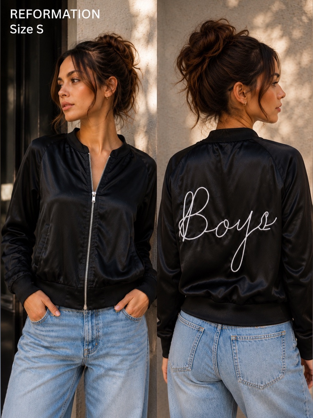 Reformation Jacket womens XS/S black smooth satin bomber Embroidered Boys